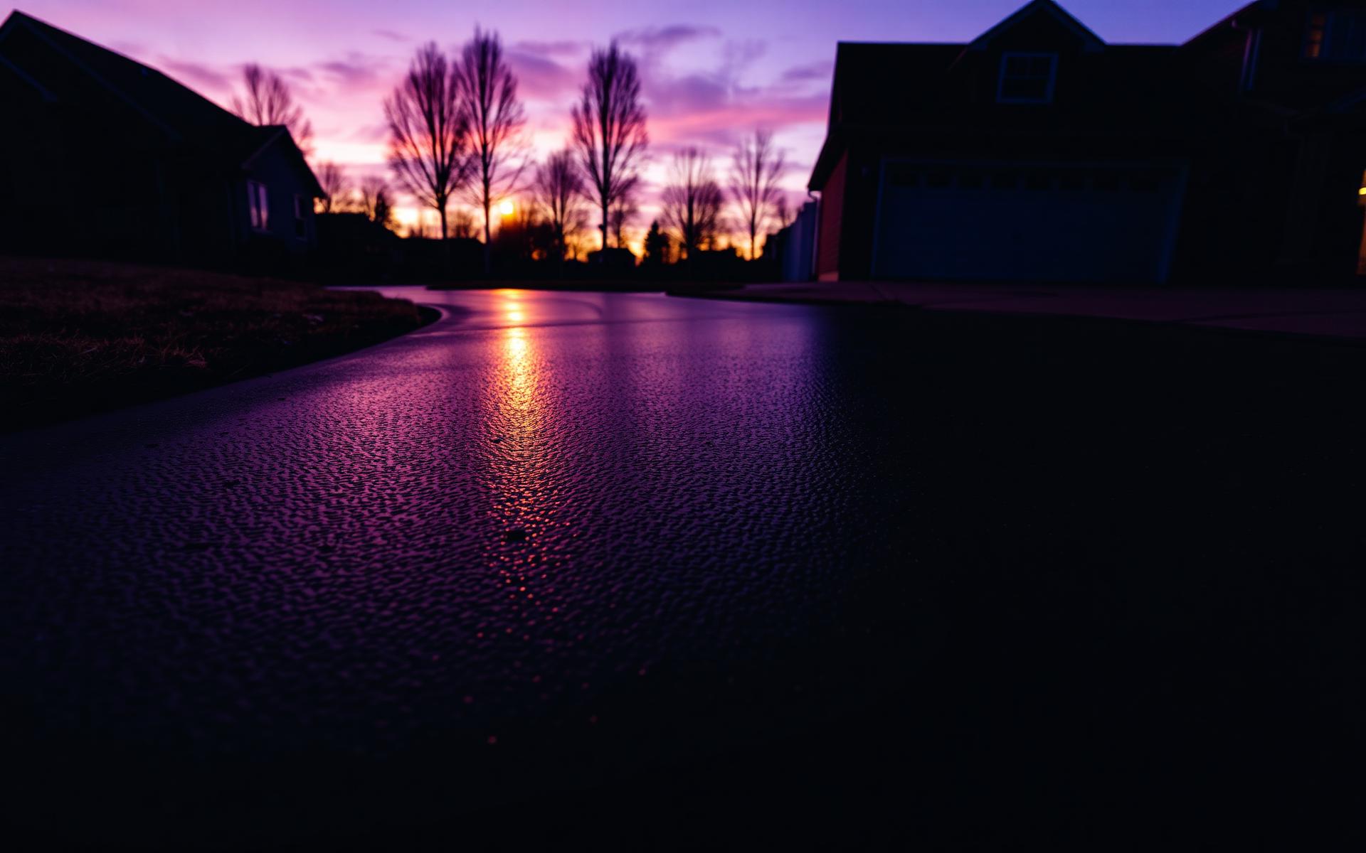 Freshly sealcoated driveway at dusk